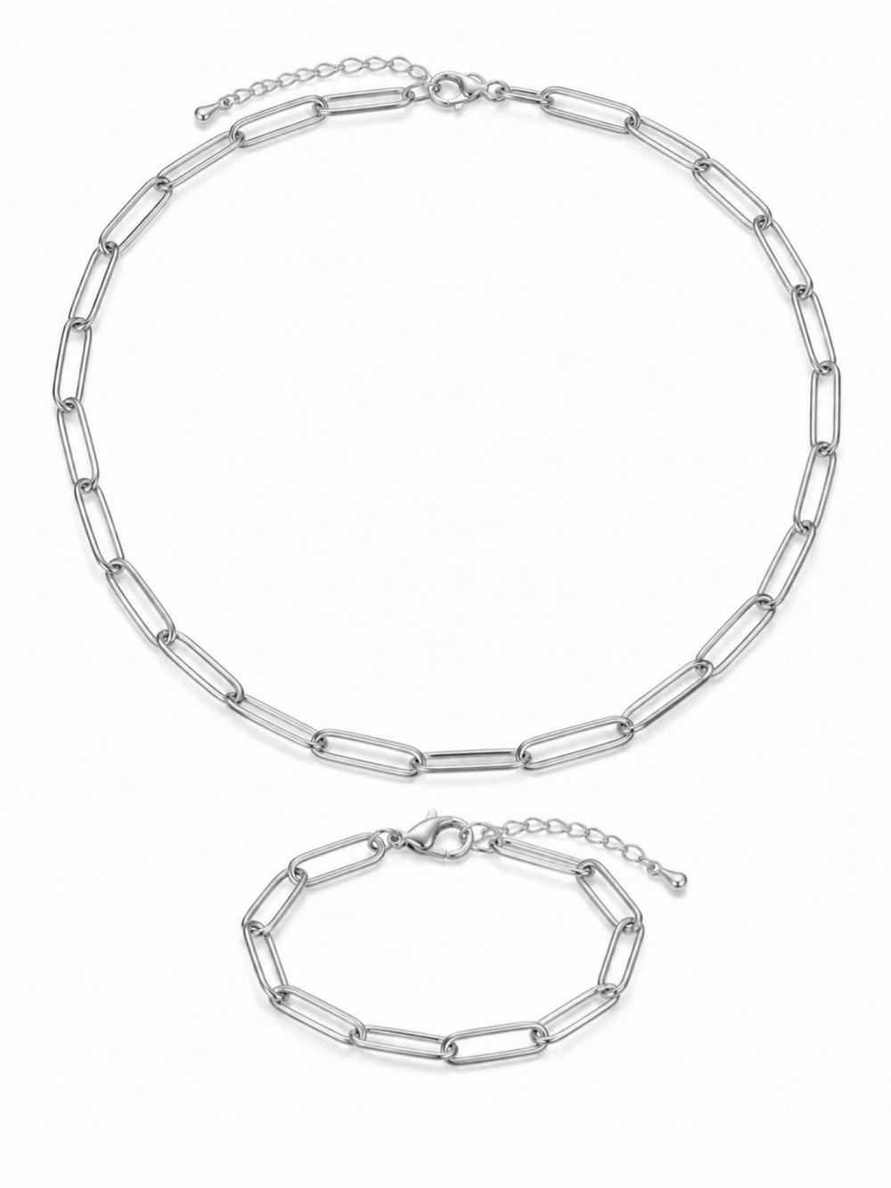 SS Chain Paperclip Link Necklace and Bracelet Set